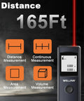 165Ft Laser Measuring Tool Distance Meter With 1 8th Inch Accuracy IP54 Dustproof Water Resistant Feet Inches And Meters For Area And Volume DIY Indoor Do It All Laser Measure Long Battery Life Runs On 2 AAA Batteries Gray displaying 165Ft and measurement modes