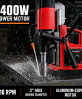 Heavy Duty Portable Magnetic Drill Press Built Tough For Daily Grind 1400 Watt Motor Delivers Serious Punch Plus Six Piece Annular Cutter Set With Rock Solid Electromagnetic Base For Smooth Two Inch Boring Anywhere, showcasing 1400W motor at work.
