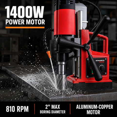 Heavy Duty Portable Magnetic Drill Press Built Tough For Daily Grind 1400 Watt Motor Delivers Serious Punch Plus Six Piece Annular Cutter Set With Rock Solid Electromagnetic Base For Smooth Two Inch Boring Anywhere, showcasing 1400W motor at work.
