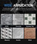 Diagram showing wide application of SDS Plus Rotary Hammer Chisel Set Four Piece Kit on stone, concrete, ceramic tile, masonry, granite, brick.