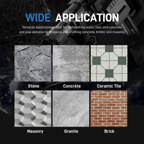 Diagram showing wide application of SDS Plus Rotary Hammer Chisel Set Four Piece Kit on stone, concrete, ceramic tile, masonry, granite, brick.