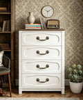 Old-School Brass Drop Bail Cabinet Pulls Set Of 8 on white dresser against pattern wallpaper in a classic room setting.