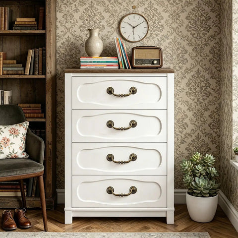 Old-School Brass Drop Bail Cabinet Pulls Set Of 8 on white dresser against pattern wallpaper in a classic room setting.