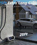 Portable Level 2 EV Charger 40A 240V With 25 Plus 2 Ft Cable NEMA 14 50 Plug LCD Display shown charging an EV outdoors