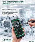 Vibration Meter With Remote Probe VM-424 For Industrial Motors And Gearboxes Measures Acceleration Up To 199.9 m/s2 Velocity Up To 199.9 mm/s Displacement Up To 1.999 mm 10 Hz To 3 kHz Magnetic Sensor For Tight Space Diagnostics. Handheld unit on motor test rig.