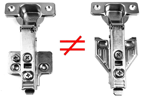 Comparison of two cabinet hinges; left: 4 Pack Full Overlay Face Frame Cabinet Hinges With Soft Close Damper 105 Degree Adjustable Concealed Cup Hinges 35mm