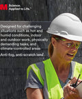 Woman in hard hat and high-vis vest wearing Solus 1000 Anti Fog Safety Glasses With Scotchgard Anti Fog Lens Coating ANSI Z87 Rated Green