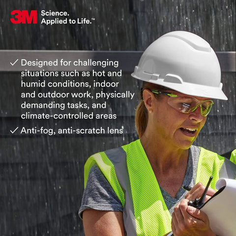 Woman in hard hat and high-vis vest wearing Solus 1000 Anti Fog Safety Glasses With Scotchgard Anti Fog Lens Coating ANSI Z87 Rated Green