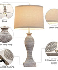 Lit 27-Inch Table Lamps For Living Room Set Of 2 Farmhouse Touch Lamps With 3-Way Dimmable Lighting Reading Lamp Bedside Nightstand Lamps Dual USB Charging Ports Includes 2 Bulbs showing resin body, linen shade, USB ports, and touch controls