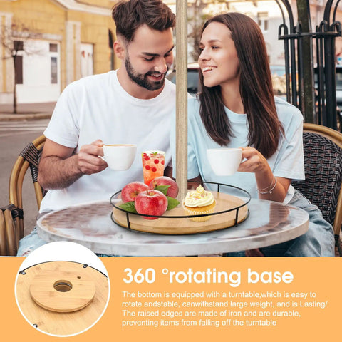 Couple dining with 12 Inch Lazy Susan With Umbrella Hole For Outdoor Patio Table No Fuss 360 Degree Rotation Iron Turntable