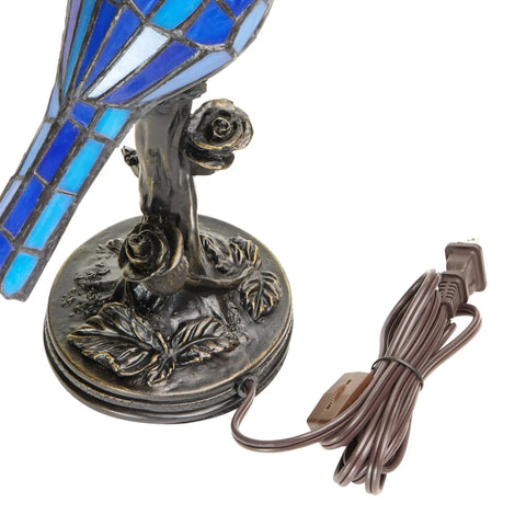 Detail of Stained Glass Bird Accent Lamp With Blue Jay Design Tiffany Style Table Lamp 8 W X 13.5 H Inches bronze tree trunk base