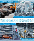 Wide application collage showing grinding machines, robots, parking lifts, and automotive components in industrial settings.