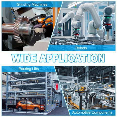 Wide application collage showing grinding machines, robots, parking lifts, and automotive components in industrial settings.