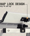 Close-up of snap lock design on Portable Folding Camping Table With Adjustable Aluminum Legs Roll Up Table Carrying Bag Included For Outdoor Use Beach Picnic Backyard BBQ And Parties Large Top With Removable Mesh Storage Silver.