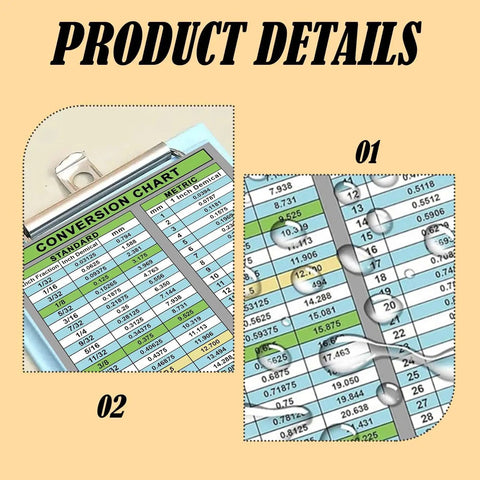 Close-up of 20 Pack Inches To Millimeters Conversion Chart Stickers showing waterproof vinyl with detailed chart view.