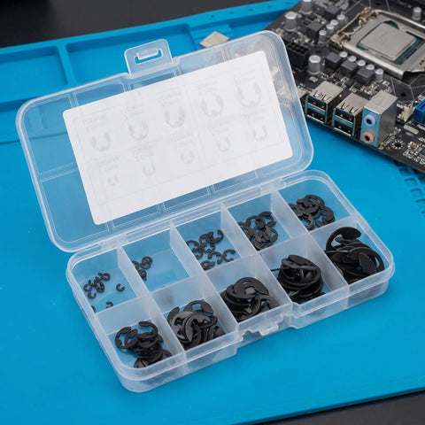 240 Piece E Clip Assortment Kit With Heat Treated External Retaining Clips For Axial Retention In Automotive Machinery Home And Industrial Projects Includes Multiple Sizes For Quick Replacement opened box on workbench