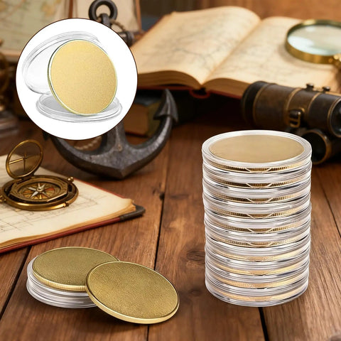 20 Pack Brass Coin Blanks, 40mm Diameter, 2mm Thick, Laser Engravable Coins on a Wooden Table with Accessories