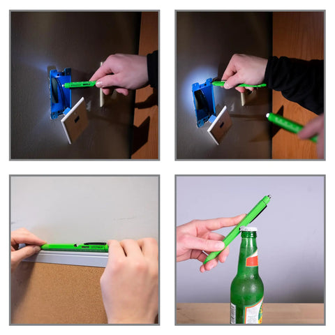 Two Piece Multi Tool Pen Set With Ballpoint EDC Pen And Stylus, Screwdriver, Ruler, Level, And Flashlight used in various tasks