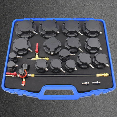 Front view of Yuesstloo 19-piece turbo leak tester kit in blue case with black cap adapters and brass fittings.