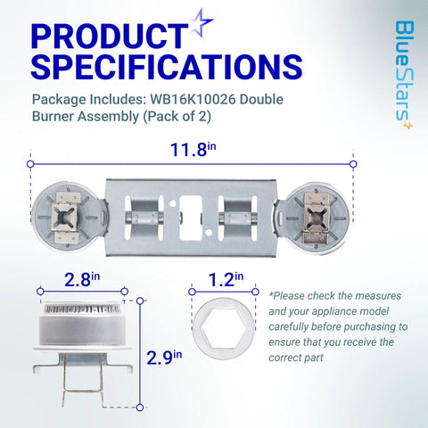 Double Burner Assembly Replacement Pack Of 2 For GE Kenmore Hotpoint Ranges WB16K10026 WB29K17 product specifications chart.