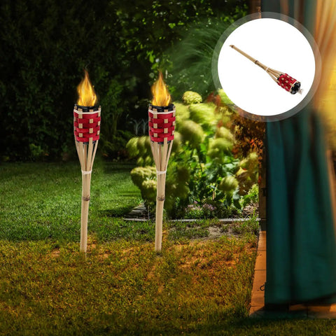 Two Pack Red Tiki Torch Oil Lamps For Outdoor Garden Pathway Lighting And Party Decor Durable Woven Torches With Red Dye Easy Install Weather Resistant Backyard Party Ready Lighting For Festivals And Celebrations displayed in garden.