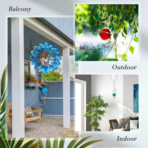 Spinning Gazing Ball With Spiral Tail 11 Inch Tail And 2 Inch Blue Glass Orb Wind Spinner Stabilizer With Swivel Hook Sun Catcher Rainbow Maker For Garden Or Indoor Outdoor Decor 13 Inch Height hanging on balcony