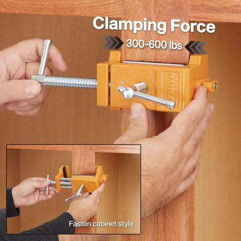 Pro Grade All In One Cabinet Clamp Set 4 Pack With Protective Case Solid Cast Steel Construction Integrated Drill Guide And EVA Pads in use.