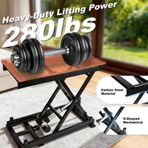 Electric Scissor Lift Table 280 Lbs Capacity Adjustable Height 7.1 To 26.4 In with weights, black carbon steel frame
