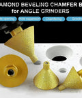 Slick Diamond Beveling Chamfer Bits For Angle Grinders And Electric Drills With Built In Cooling Wax For Dry Tile Ceramic Countersinking Two Pack M10 Adapter showing different chamfer bit shapes.