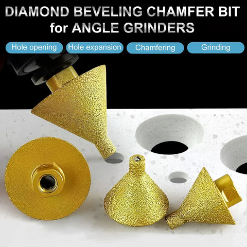 Slick Diamond Beveling Chamfer Bits For Angle Grinders And Electric Drills With Built In Cooling Wax For Dry Tile Ceramic Countersinking Two Pack M10 Adapter showing different chamfer bit shapes.