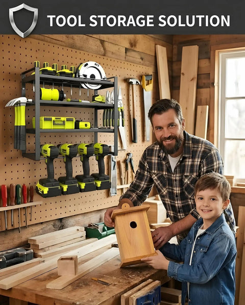 Wall Mount Tool Organizer With 3 Tier Heavy Duty Metal Rack For 4 Drills Plus Screwdriver And Hammer Holder 150 Lb Capacity Garage And Workshop Storage No Fuss installed on wall in workshop