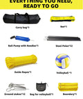 Components of the Four Square Volleyball Game Set With 4 Way Cross Net For Backyard And Beach Portable Outdoor Volleyball And Badminton Combo Net For Four Players Includes Carrying Bag including carry bag, net, ball pump, steel poles, guide ropes, volleyball, ground stakes, and boundary markers.
