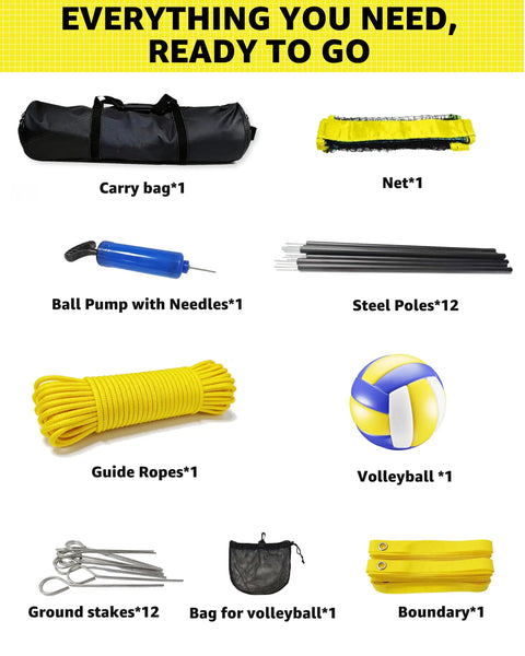 Components of the Four Square Volleyball Game Set With 4 Way Cross Net For Backyard And Beach Portable Outdoor Volleyball And Badminton Combo Net For Four Players Includes Carrying Bag including carry bag, net, ball pump, steel poles, guide ropes, volleyball, ground stakes, and boundary markers.