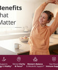 Smiling woman stretching in kitchen with text listing benefits such as energy, focus, and immune support related to multivitamins.