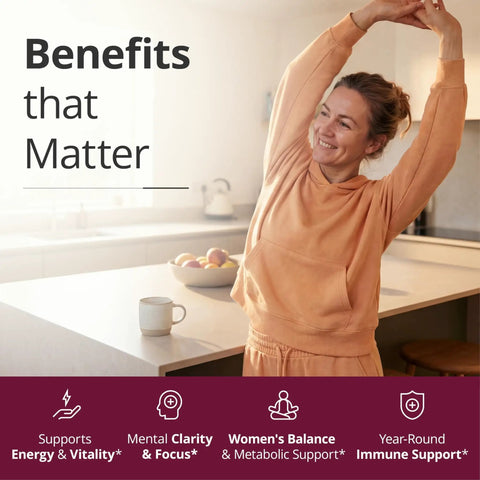 Smiling woman stretching in kitchen with text listing benefits such as energy, focus, and immune support related to multivitamins.