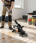 Person using 7 Inch Concrete Grinder Set with Extendable Rod, 3800W Floor Polisher with Dust Extraction Shroud on tiled floor.