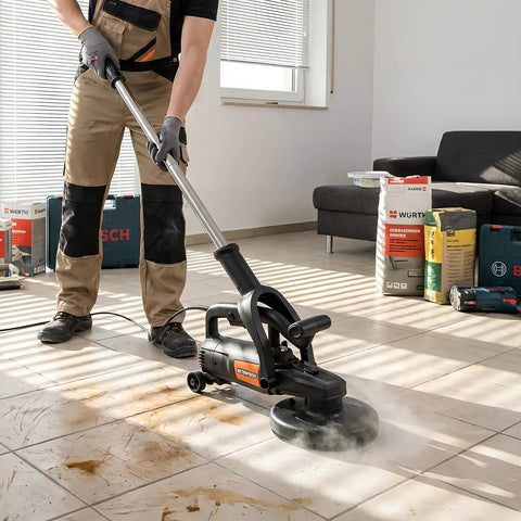 Person using 7 Inch Concrete Grinder Set with Extendable Rod, 3800W Floor Polisher with Dust Extraction Shroud on tiled floor.