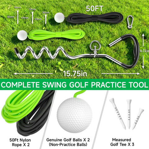 Golf Swing Trainer Kit With Rope And Two Golf Balls For Backyard Practice Aid With Calibrated Stakes, 50ft rope on grass