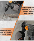 Heavy Duty Variable Speed Rotary Hammer Drill 1-1/4 Inch SDS Plus Demolition Hammer removing tiles and bricks with adjustable handle.