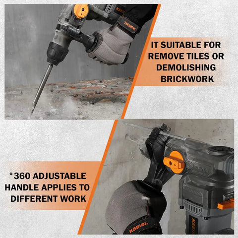 Heavy Duty Variable Speed Rotary Hammer Drill 1-1/4 Inch SDS Plus Demolition Hammer removing tiles and bricks with adjustable handle.