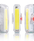 USB Rechargeable Bike Front Light With 200 Lumen LED Output For Day And Night Visibility Durable Bicycle Headlamp shown from side and rear angles