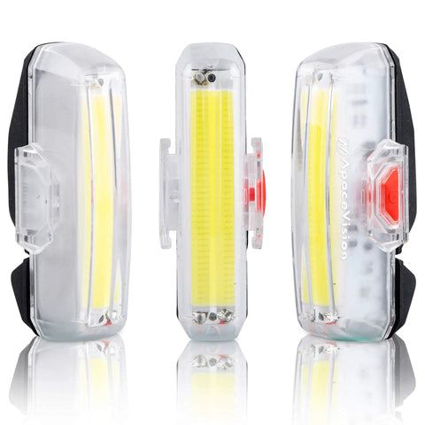 USB Rechargeable Bike Front Light With 200 Lumen LED Output For Day And Night Visibility Durable Bicycle Headlamp shown from side and rear angles