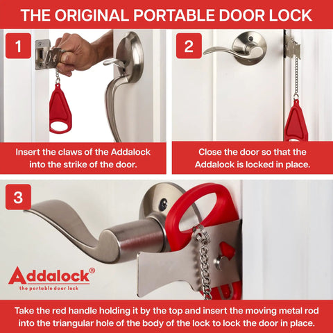The original portable door lock installed with instructions for inward swing lock, must-have for hotels, apartments, motels, and Airbnbs.