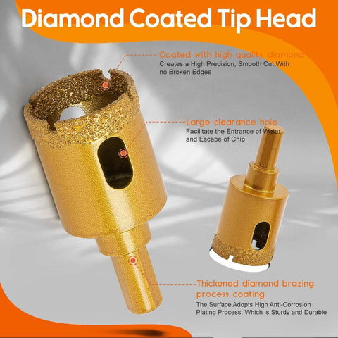 THINKWORK Diamond-coated drill bits kit with hollow hole saw and suction-guide jig; gold color, 12pc tile drilling set