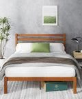 Full Size Bamboo Platform Bed Frame With Sleek Slatted Headboard in modern bedroom setup with decor and plants.