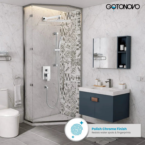 Bathroom with 12 Inch Shower Faucet Set with Slide Bar, Rain Shower Head and Handheld Spray, Wall Mounted Trim Kit, Complete Shower System with Rough In Valve, Polished Chrome Finish, Easy Install For Spa Like Home Upgrade