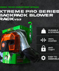Two Pack Xtreme Pro Series Backpack Leaf Blower BPS100 on green mounting rack, displayed with features like durable, strong, anti-theft.