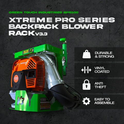 Two Pack Xtreme Pro Series Backpack Leaf Blower BPS100 on green mounting rack, displayed with features like durable, strong, anti-theft.