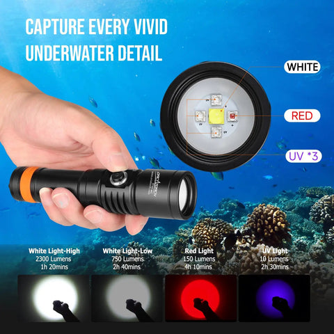 Underwater Video Light Kit with Dual 4600 Lumens 2x2300 Tri Color LEDs for GoPro and Action Cameras, hand-holding light close-up