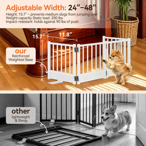 Built Tough No Drill Small Dog Gate 48 Inch Foldable Puppy Barrier For Home Doorways White Metal with a reinforced base, adjustable width from 24" to 48".